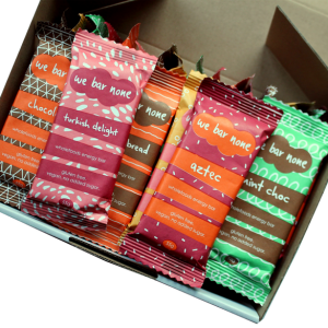 We Bar None bar pack, We Bar None energy bars, snack food bars with home compostable packaging, plastic free, gluten free, no added sugar, wholefoods, turkish delight, gingerbread, coconut, chocolate, mint choc, mint slice, aztec, chilli chocolate, healthy snacks
