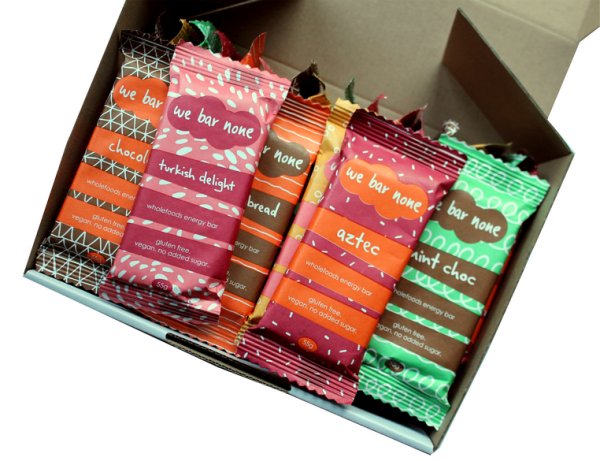 We Bar None bar pack, We Bar None energy bars, snack food bars with home compostable packaging, plastic free, gluten free, no added sugar, wholefoods, turkish delight, gingerbread, coconut, chocolate, mint choc, mint slice, aztec, chilli chocolate, healthy snacks