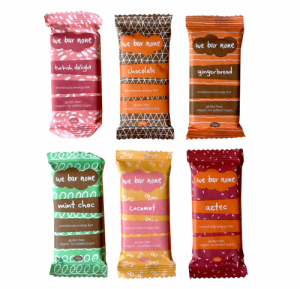 We Bar None energy bars - all 6 flavours side by side: Turkish Delight, Chocolate, Gingerbread, Mint Choc, Coconut and Aztec (choc chilli cinnamon)