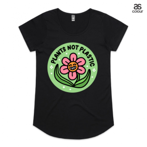 Black Mali AS Colour Tshirt with a design that says Plants not Plastic and has a smiling flower