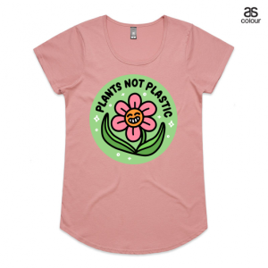 Pink Mali AS Colour Tshirt with a design that says Plants not Plastic and has a smiling flower