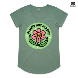 Green Mali AS Colour Tshirt with a design that says Plants not Plastic and has a smiling flower