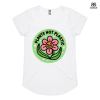 White Mali AS Colour Tshirt with a design that says Plants not Plastic and has a smiling flower