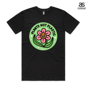 Black Staple AS Colour Tshirt with a design that says Plants not Plastic and has a smiling flower