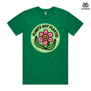 Green Staple AS Colour Tshirt with a design that says Plants not Plastic and has a smiling flower