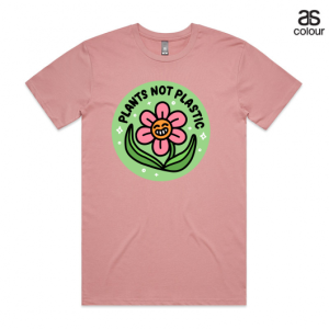 Pink Staple AS Colour Tshirt with a design that says Plants not Plastic and has a smiling flower