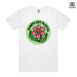 White Staple AS Colour Tshirt with a design that says Plants not Plastic and has a smiling flower