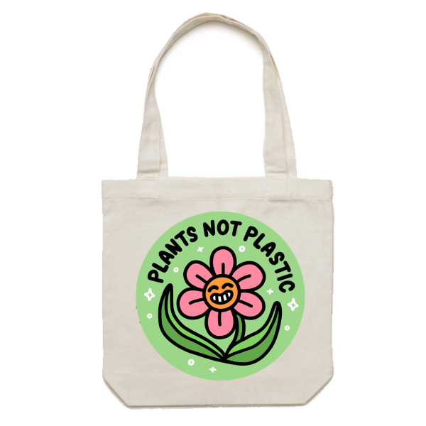 White canvas AS Colour tote bag with a design that says Plants not Plastic and has a smiling flower