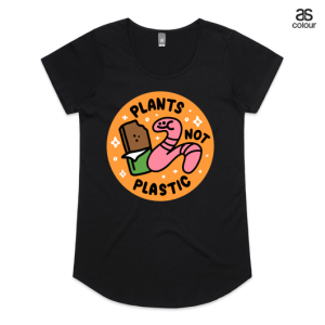 Black Mali AS Colour Tshirt with a design that says Plants not Plastic and has a smiling worm