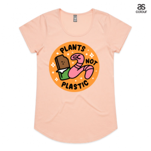 Light Pink Mali AS Colour Tshirt with a design that says Plants not Plastic and has a smiling worm