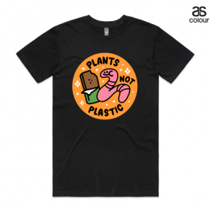 Black Staple AS Colour Tshirt with a design that says Plants not Plastic and has a smiling worm