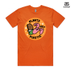 Orange Staple AS Colour Tshirt with a design that says Plants not Plastic and has a smiling worm