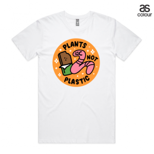 White Staple AS Colour Tshirt with a design that says Plants not Plastic and has a smiling worm