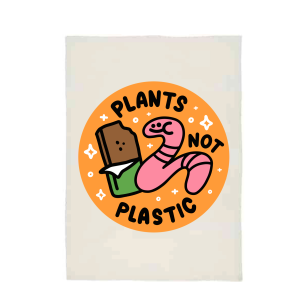 White canvas AS Colour tea towel with a design that says Plants not Plastic and has a smiling worm eating an energy bar
