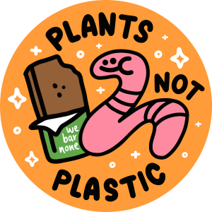 Cheeky Worm Tee from We Bar None - sustainable Tshirt that says 'Plants not Plastic' with a cheeky worm in the center