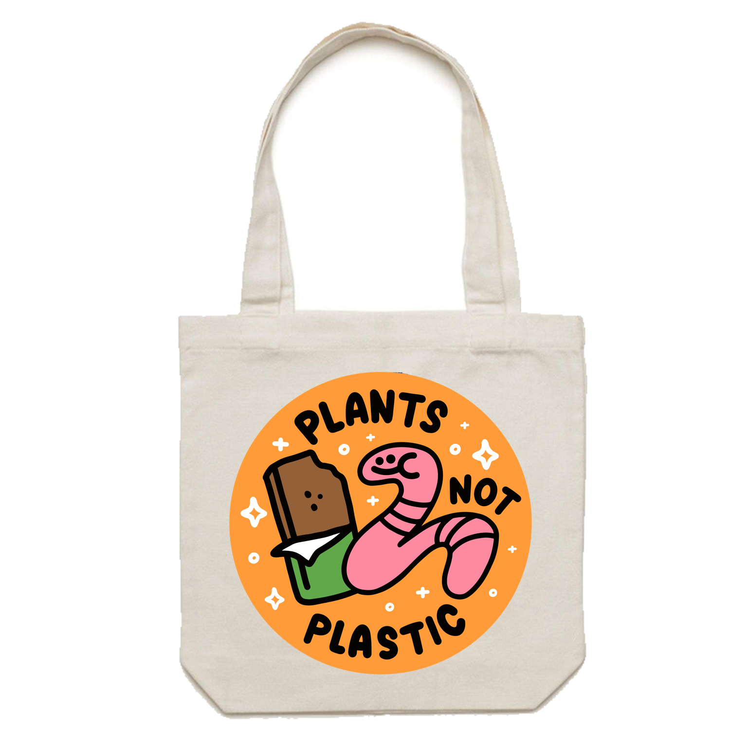 White canvas AS Colour tote bag with a design that says Plants not Plastic and has a smiling worm eating an energy bar