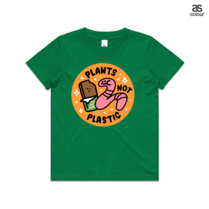 Kelly green Kids Tshirt AS Colour Tshirt with a design that says Plants not Plastic and has a smiling worm